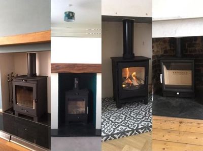 Freestanding stove with ceiling-mounted flue